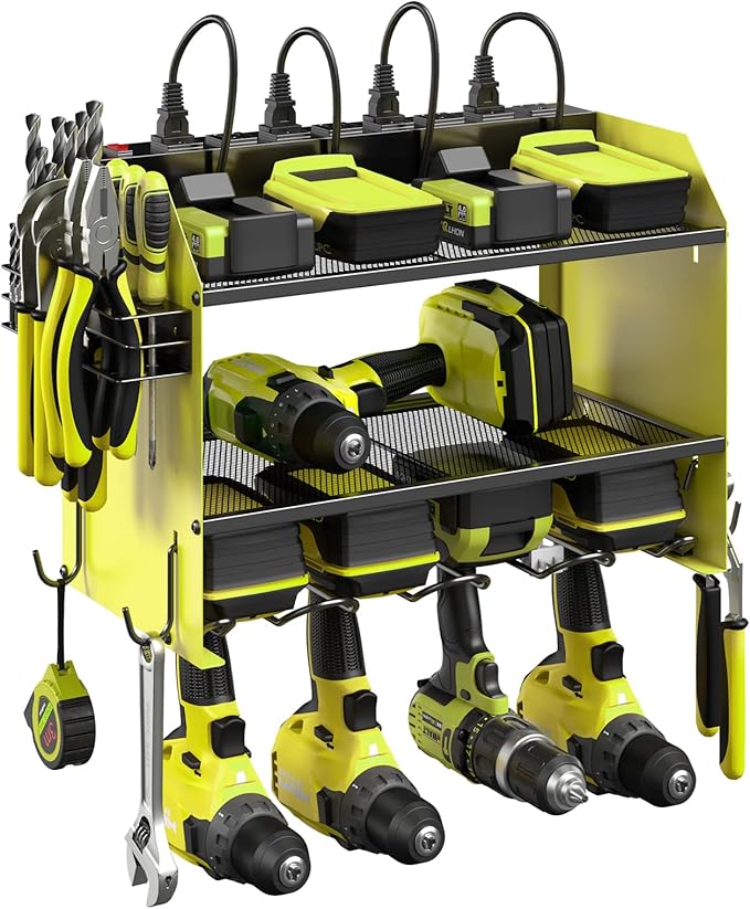 CCCEI Set Power Tool Organizer Wall Mount with Charging Station. Garage 4 Drill Storage Shelf with Hooks, Heavy Duty Metal Tool Battery Charger Organizer. Shop Utility Rack with Power Strip Green.-VerdiqueGarden