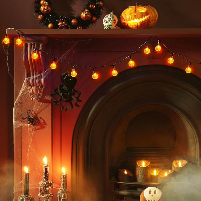 Solar Halloween String Lights Outdoor 60 LED 36 Feet Crystal Globe String Lights with 8 Lighting Modes, Waterproof Solar Powered Patio Lights for Garden Yard Porch Decor (Orange)-VerdiqueGarden