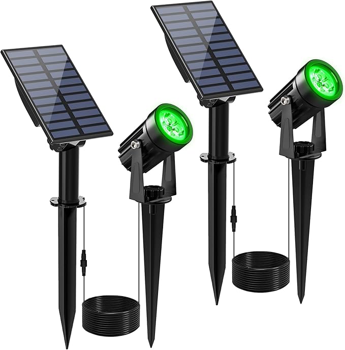 Green Solar Spot Lights Outdoor, 2 Pack Solar Landscape Spotlights IP65 Waterproof 9.8ft Cable, Auto On/Off Outdoor Wall Lights for Garden Yard Driveway Porch Walkway Pool (1-in-1)-VerdiqueGarden
