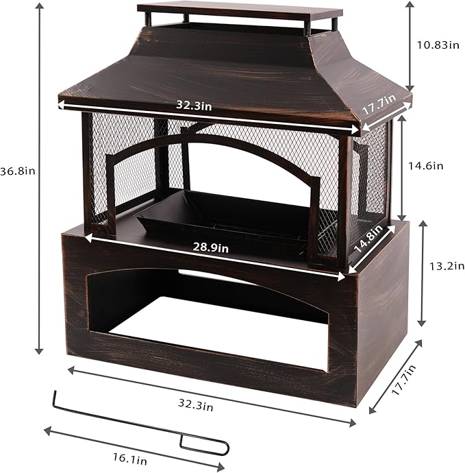 Bestier 37" Fire Pits, Wood Burning Fireplace for Outside Rectangular Chiminea Outdoor Firepits with Poker, Wood Storage, Rain Cover and Removable Fire Grill for Patio, Garden, Backyard, Camping-VerdiqueGarden
