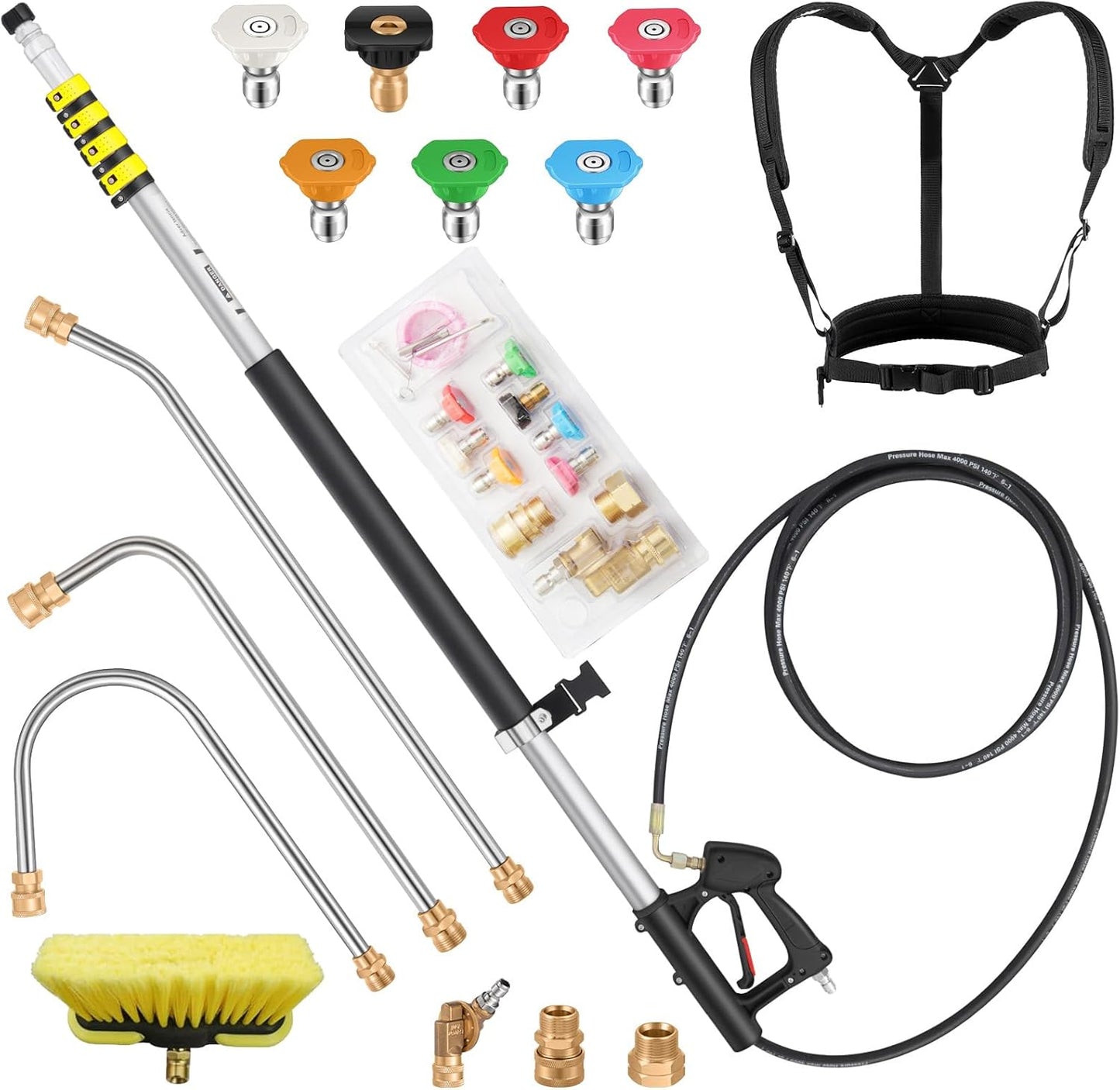 24FT Telescoping Pressure Washer Extension Wand, Aluminum Power Washer Extension Wand, Solar Panel Cleaner Pole with Brush Head, 7 Nozzle Tips, 3 Adapters, Support Belt-VerdiqueGarden