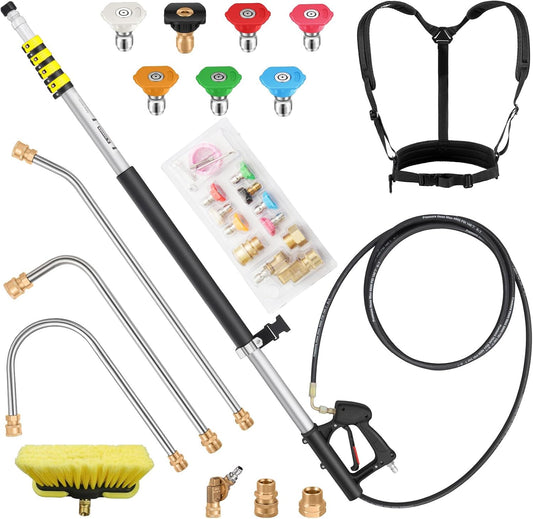 24FT Telescoping Pressure Washer Extension Wand, Aluminum Power Washer Extension Wand, Solar Panel Cleaner Pole with Brush Head, 7 Nozzle Tips, 3 Adapters, Support Belt-VerdiqueGarden