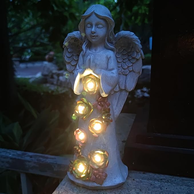 Angel Solar Garden Outdoor Statues with Succulent Plants and 6 LED Lights– Outside Solar Garden Decor Figurines -Remembrance & Sympathy Gifts Decorations-VerdiqueGarden