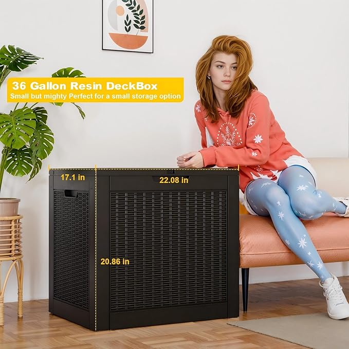 36 Gallon Outdoor Deck Box,Storage Lockable Waterproof Patio Furniture,Garden Tools,Cushions,Pool Accessories Outside Storage Resin Box(Black Pattern)-VerdiqueGarden