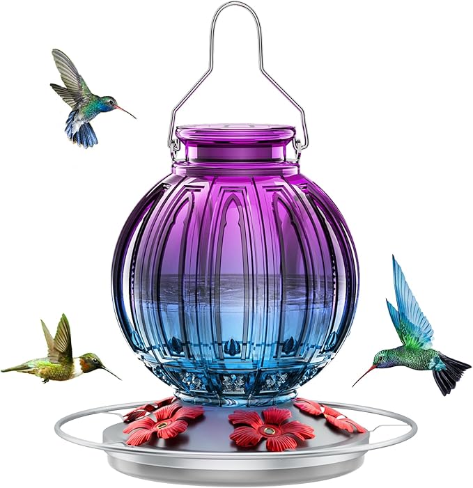 Glass Hummingbird Feeder for Outdoors Hanging, 26Oz Bird Nectar Feeder with Perch & 5 Flower Feeding Ports, Leak Proof for Outside Garden Decor Backyard, Gifts for Women Mom, Purple Blue-VerdiqueGarden