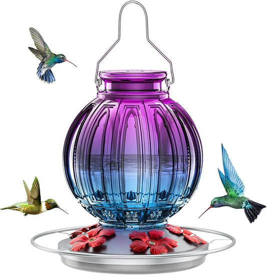 Glass Hummingbird Feeder for Outdoors Hanging, 26Oz Bird Nectar Feeder with Perch & 5 Flower Feeding Ports, Leak Proof for Outside Garden Decor Backyard, Gifts for Women Mom, Purple Blue-VerdiqueGarden