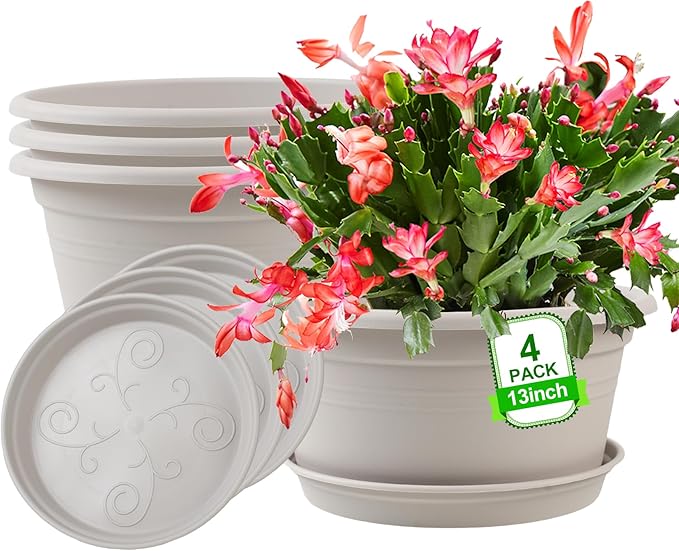 Large 4 Pack13 inch Plant Pots, Round Plastic Pots for Plants, Outdoor Planters with Drainage Hole & Tray Saucer, Decoration Large Flower Pots for Indoor Outdoor Garden Home Plants (White)-VerdiqueGarden