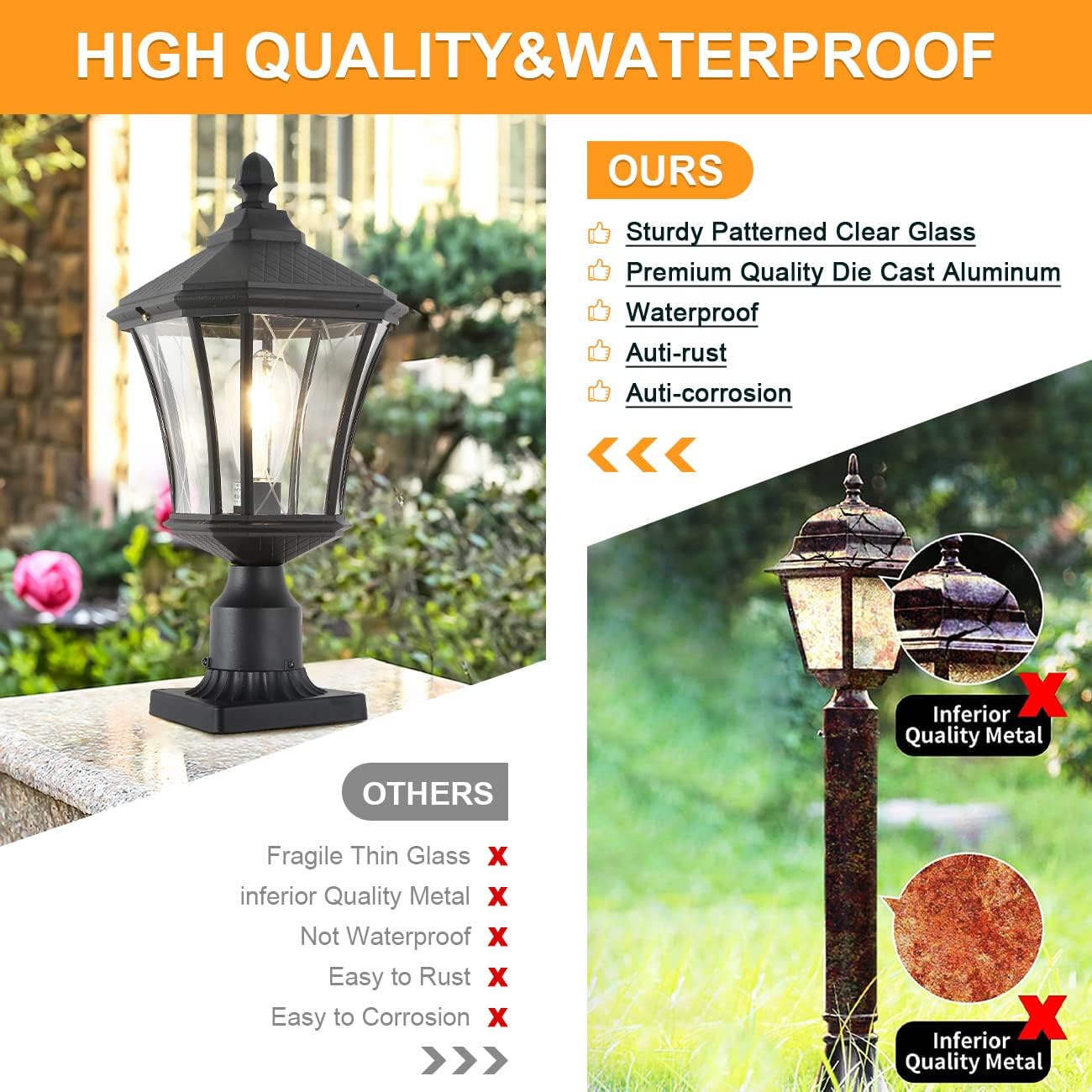 Post Lights Outdoor Post Lantern 20" Exterior Post Coach Light with Pier Mount Base, Weather Resistant Aluminum with Clear Glass Pier Mount Lantern Black Outdoor Pole Lamp for Patio, Porch, Yard-VerdiqueGarden