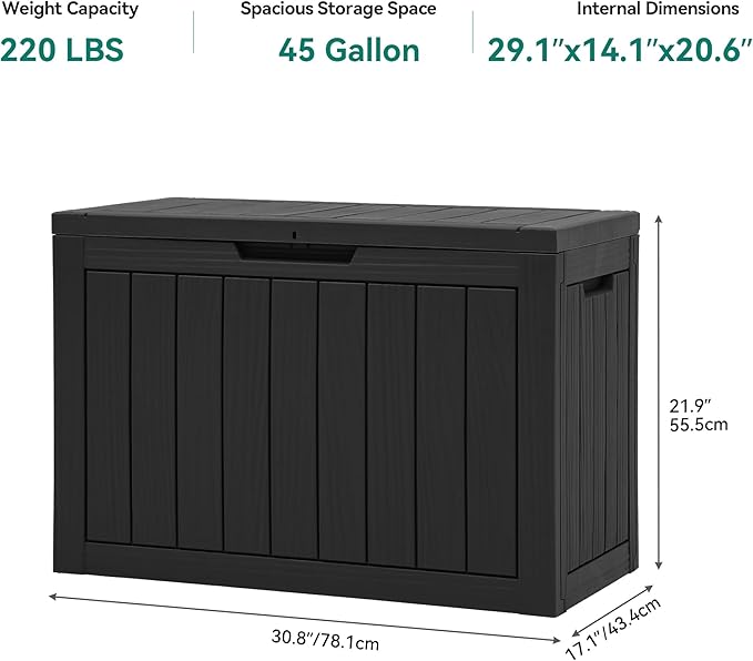 YITAHOME 45 Gallon Deck Box, Outdoor Storage Box for Patio Cushions, Outdoor Tools, Gardening Tools, Sports Equipment, and Throw Pillows, Lockable and Waterproof, Black-VerdiqueGarden