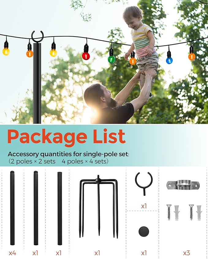LAND·VOI 4 Pack String Light Poles, 9FT Heavy Duty Metal Light Poles for Outside String Lights, Outdoor light poles with 5 Prong Fork, Light Pole Stand for Patio, Backyard, Garden, Deck, Black FLP14B-VerdiqueGarden