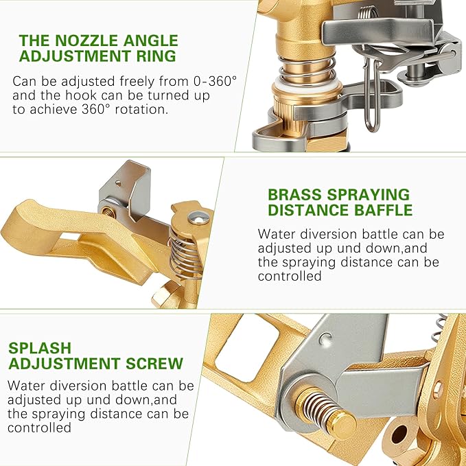 1/2 Inch Brass Sprinklers Head,Heavy Duty Water Sprinkler for Yard with 360 Degree Large Area Coverage Irrigation, Adjustable Impact Sprinklers Head Nozzle for Grass Patio Garden Irrigation-VerdiqueGarden