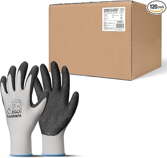toolant Crinkle Latex Work Gloves Bulk, Rubber Coated Safety Work Gloves for Men and Women, 120 Pairs for Construction, Gardening, Warehouse (Gray, XL)-VerdiqueGarden