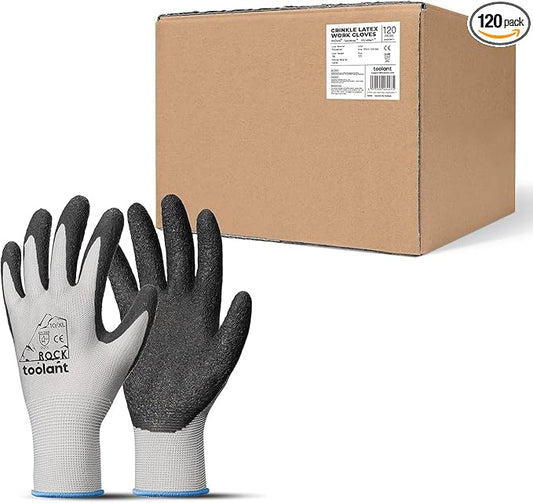 toolant Crinkle Latex Work Gloves Bulk, Rubber Coated Safety Work Gloves for Men and Women, 120 Pairs for Construction, Gardening, Warehouse (Gray, XL)-VerdiqueGarden