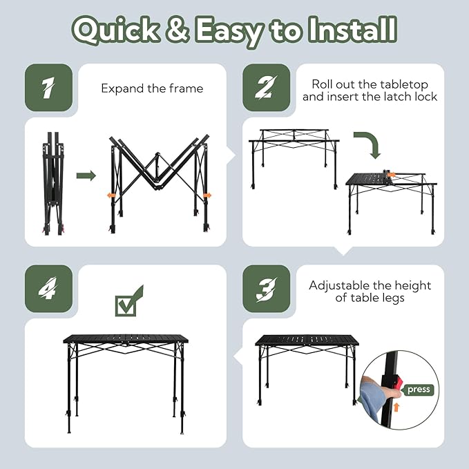 Portable Outdoor Adjustable Height Camping Table, Large for 2-6 Person, Foldable Roll-up Aluminum Camp Table with Carry Bag for Picnic, Camp, Sturdy, Stable, Loads 220 Lbs (Black)-VerdiqueGarden