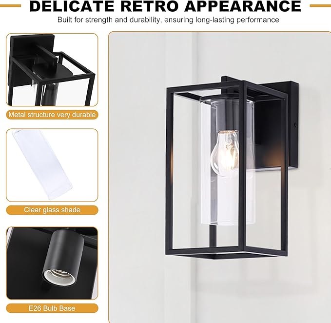 Pia Ricco Outdoor Wall Lights, Black Outdoor Wall Lantern with Square Clear Glass Shade, Waterproof Exterior Lighting Fixtures, Modern Front Porch Lighting for House, Garage, E26 Base, ETL Listed-VerdiqueGarden