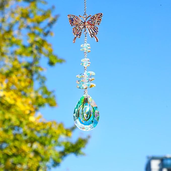 Suncatcher with Crystals,Colorful Crystal Butterfly Rhinestones Suncatcher Window Hanging,Crystal Prism Hanging Ornament,Rainbow Maker Decoration for Home, Garden, Wedding, Party & Christmas-VerdiqueGarden