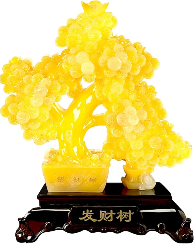 FENGSHUI-CAISHEN Top Resin Money Tree, Artificial Bonsai Tree, Handcrafted, Premium Quality, Feng Shui Gift for Abundance Luck and Success (Yellow)-VerdiqueGarden