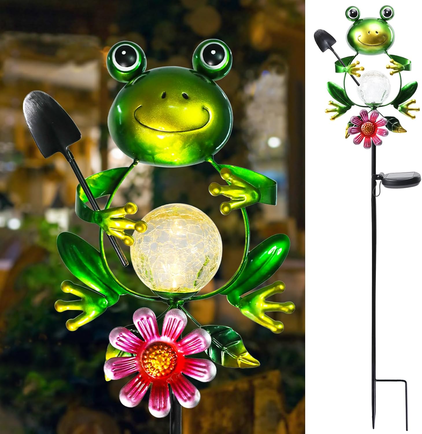 Bshine Frog Solar Light Outdoor Garden, Cracked Glass Metal Solar Garden Stakes for Pathway, Backyard Decoration, Yard Art, Lawn Ornaments, Frog Gifts for Women, Mom, Frog Lovers-VerdiqueGarden