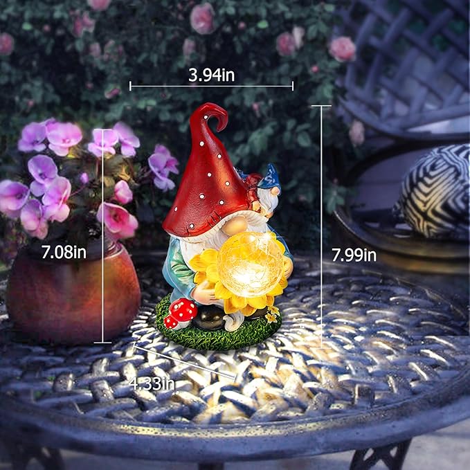Solar Garden Decor Gnome Statues with Sunflower and Crackle Glass Globe Lights Gnome Outdoor Decorations for Garden Yard Patio Lawn, Unique Housewarming Gifts-VerdiqueGarden