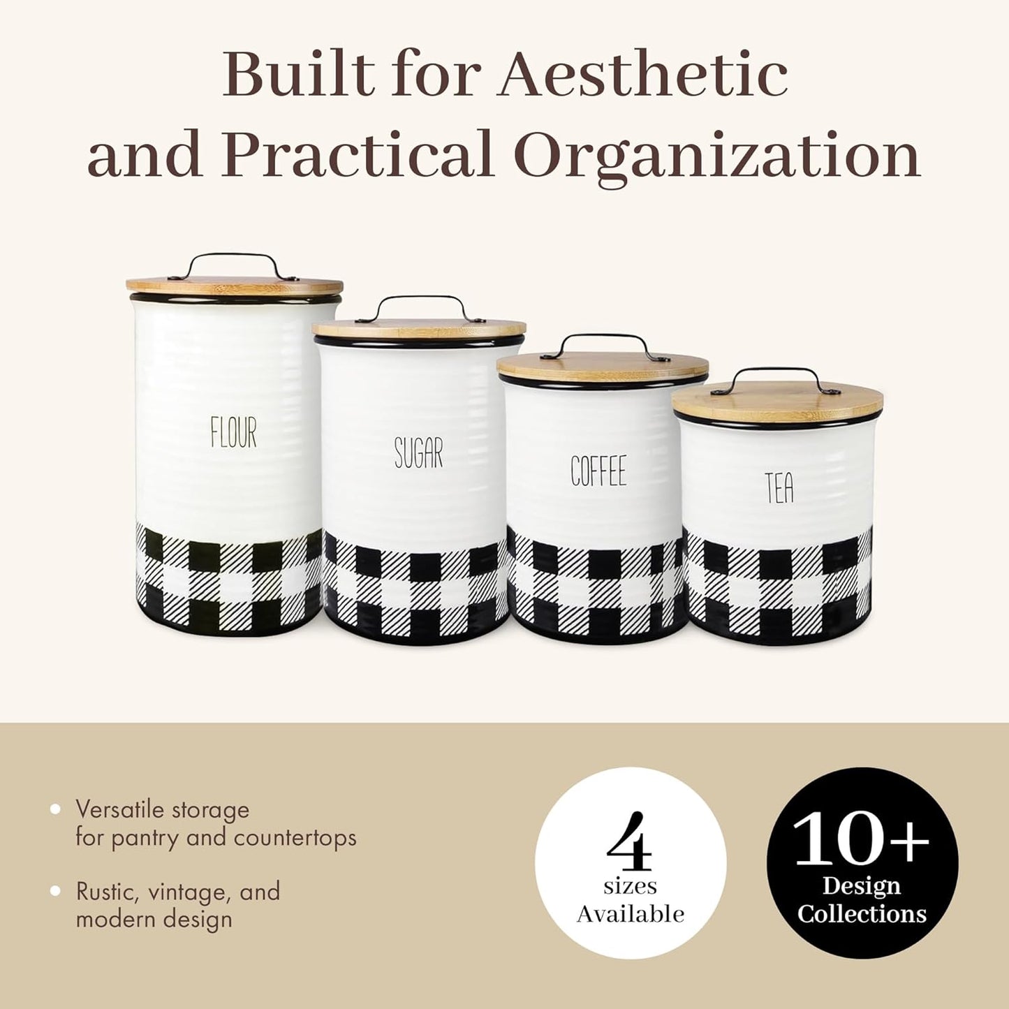 Young's Inc. 4 Pcs Set Plaid with Bamboo Lids Ceramic Canisters- Storage Container for Kitchen and Bathroom - Beautiful Home Decor Accent to Store Food, Coffee, Tea, and More - Black, White-VerdiqueGarden
