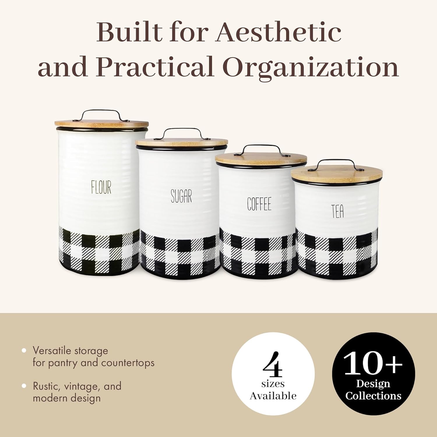 Young's Inc. 4 Pcs Set Plaid with Bamboo Lids Ceramic Canisters- Storage Container for Kitchen and Bathroom - Beautiful Home Decor Accent to Store Food, Coffee, Tea, and More - Black, White-VerdiqueGarden