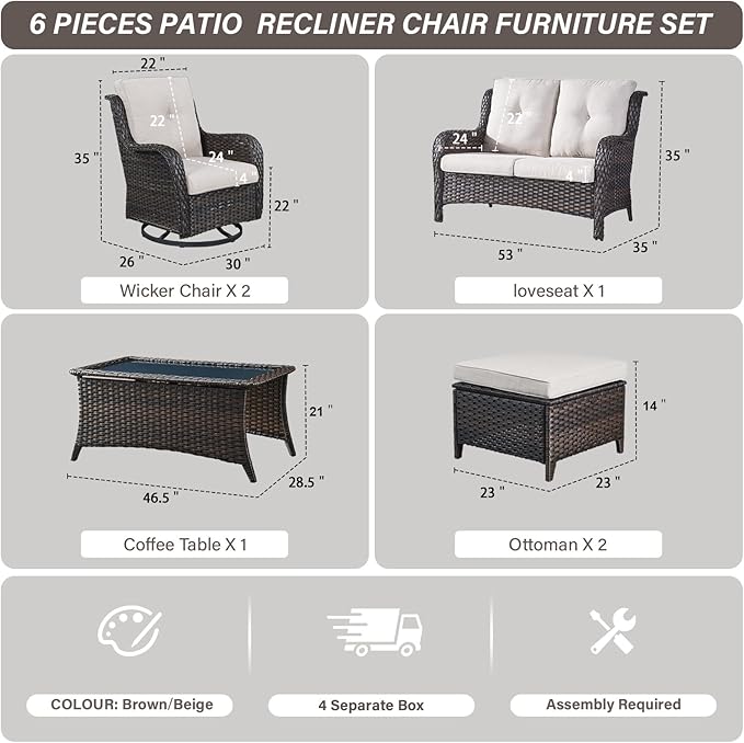 Wicker Outdoor Furniture Patio Furniture Set - 6 Piece Patio Conversation Set with Swivel Rocker Chairs, Loveseat Sofa, Ottomans and Coffee Table, Beige Cushion-VerdiqueGarden