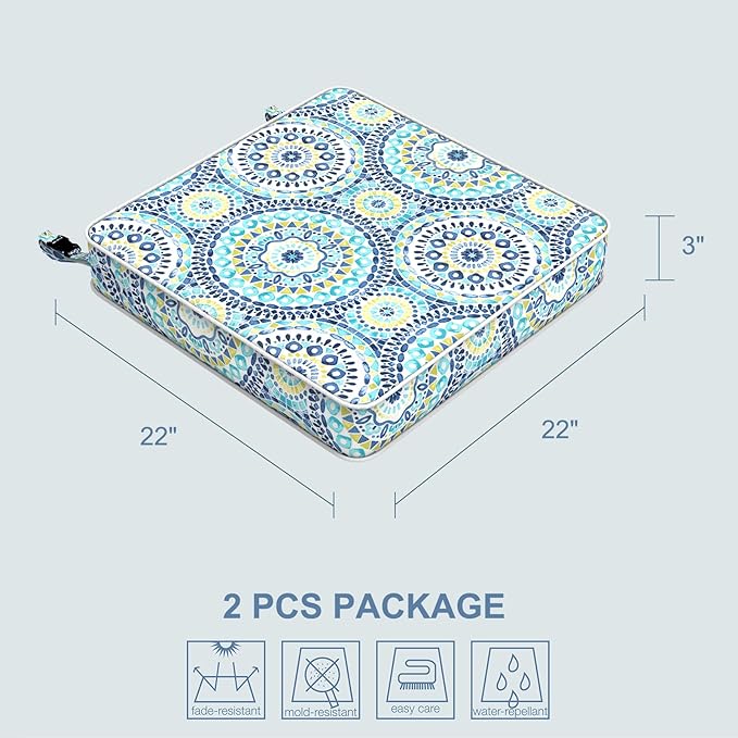 LVTXIII Patio Chair Cushions 22"x22"x3", Water-Repellent Outdoor Seat Cushions for Patio Furniture, Square Chair Pads with Ties for Home Garden Decoration, Set of 2, Delancey Lagoon-VerdiqueGarden