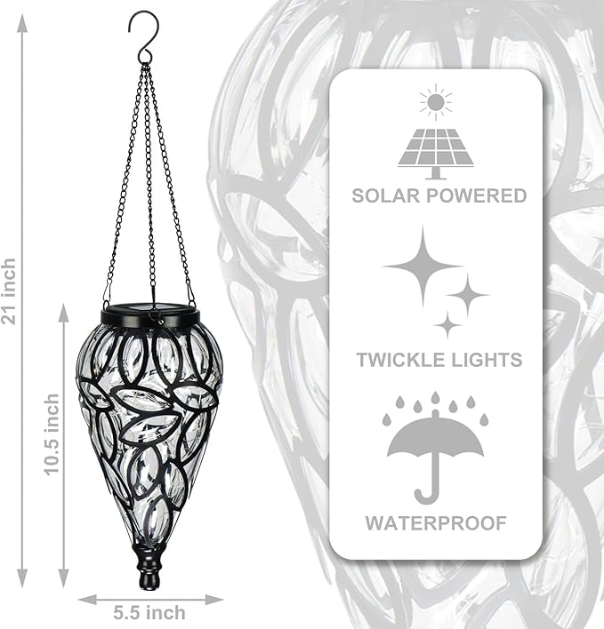 Solar Hanging Lantern Outdoor Lights, Tear-Shaped 15 LEDs Cool White Hanging Lights with S Hooks Decor in Garden, Yard, Pathway, Front Door and Landscape-VerdiqueGarden