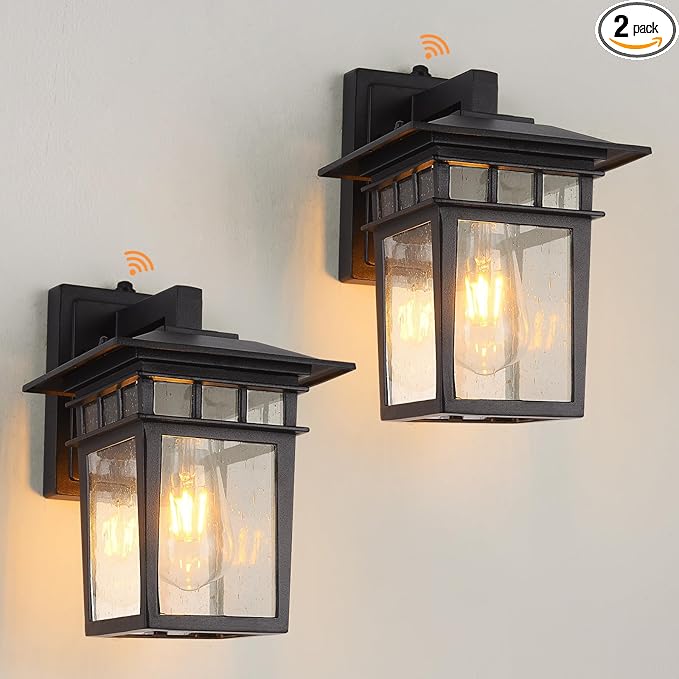 Outdoor Wall Lantern, Exterior Lighting Fixtures Wall Mount, 2 Pack Black Outdoor Sconce with Seeded Glass, Dusk to Dawn Exterior Porch/Patio Lights for House Front Door Garage-VerdiqueGarden