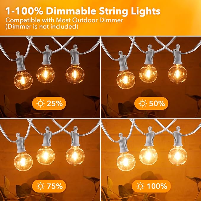 Outdoor String Lights - 50 Ft Waterproof Connectable Commercial LED Patio Lights with 25 G40 Globe Bulbs, All Weatherproof Hanging Globe Lights for Outside Backyard Porch Party Decoration-VerdiqueGarden