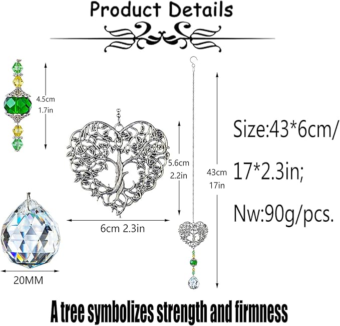 H&D HYALINE & DORA Tree of Life Crystal Suncatchers Crystal Drop Prism Rainbow Maker Hanging for Home Garden Decoration, Heart Shaped-VerdiqueGarden