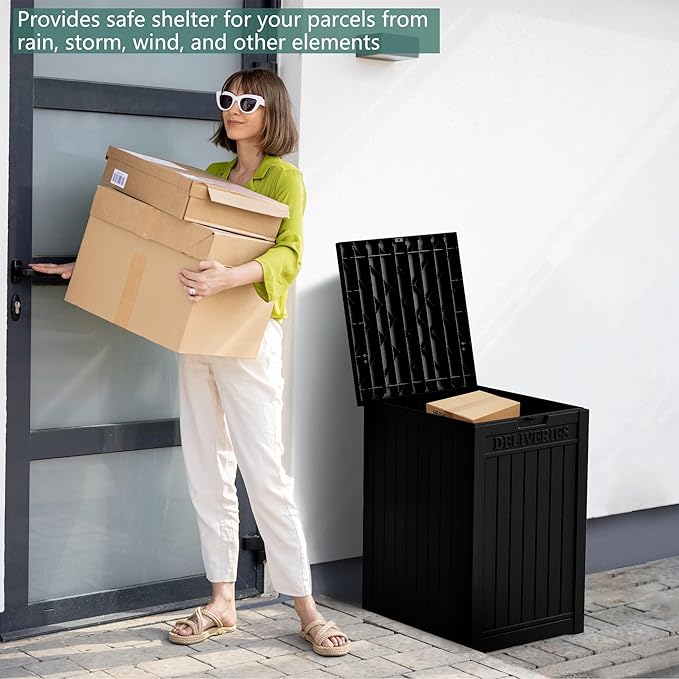 55 Gallon Outdoor Storage Box, Waterproof Resin Deck Box for Patio, Pool, and Garden, Lockable Bin for Cushions, Tools, and Accessories, UV-Resistant, Black-VerdiqueGarden