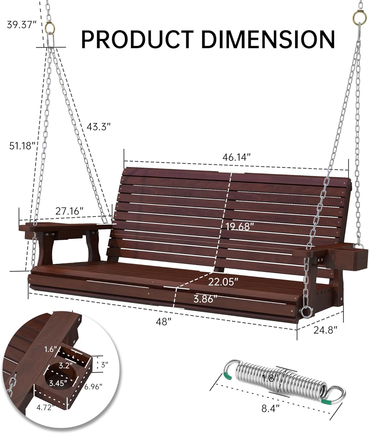 Wooden Outdoor Porch Swings, 2 Seater Front Porch Swing with Upgraded 22" Deep Seat, Heavy Duty 880 Lbs Swing Bench Chair for for Patio, Backyard, Garden (Brown, 4 FT)-VerdiqueGarden