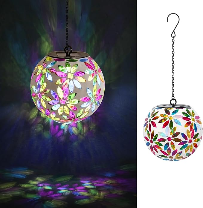 VCUTEKA Hanging Solar Lanterns Mosaic Solar Lights with Hook Up, Outdoor Garden Lights Decor for Yard Tree Fence Patio, Multicolor-VerdiqueGarden