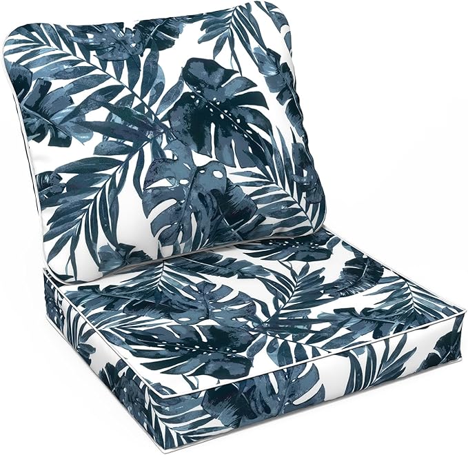 LVTXIII Outdoor Deep Seat Cushion Patio Seat and Back Cushion Set Seasonal Chair Cushion with Removable Cover and Adjustable Buckle for Home and Garden, 22"x22"x4", Palms Blue-VerdiqueGarden