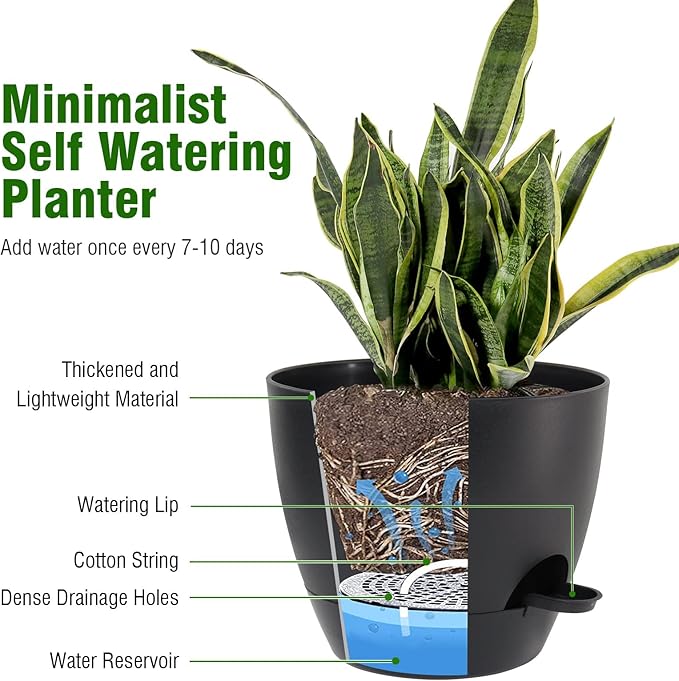 10/9/8 inch Self Watering Pots, Set of 3 Plastic Planters with Mesh Drainage Holes and Deep Reservoir for Indoor Outdoor Garden Plants and Flowers, Black-VerdiqueGarden
