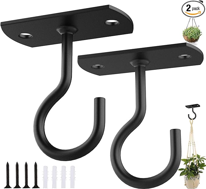 Ceiling Hooks for Hanging Plants 2Pack 2.5in,Wall Mount Hangers Plant Hooks,Wall Hooks for Plants,Lights,Planters,Lanterns,Hanging Bird Feeders,Wind Chimes,indoor&Outdoor Decoration Hooks Black-VerdiqueGarden