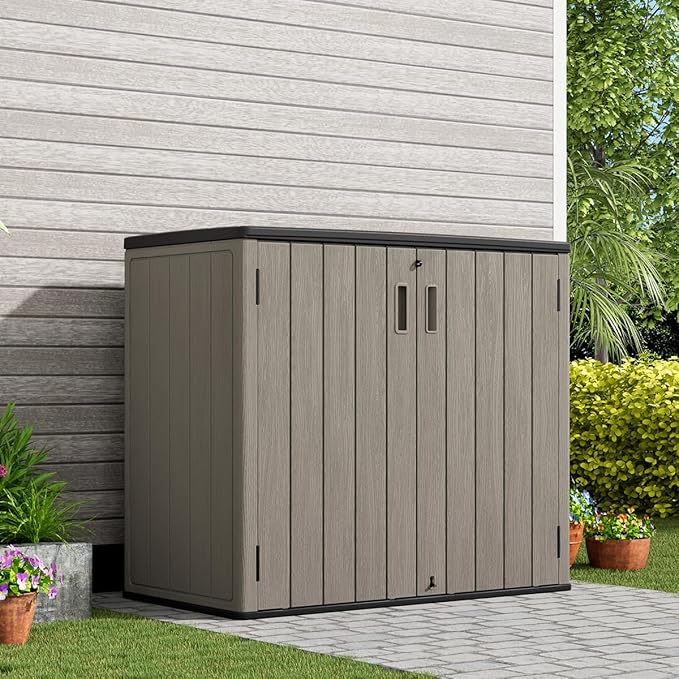 KINYING Outdoor Horizontal Storage Sheds,Outdoor Storage Cabinet Waterproof Resin Tool Storage Box for Lawn Mower,Garden Tools and Patio Furniture, Lockable (Brown)-VerdiqueGarden
