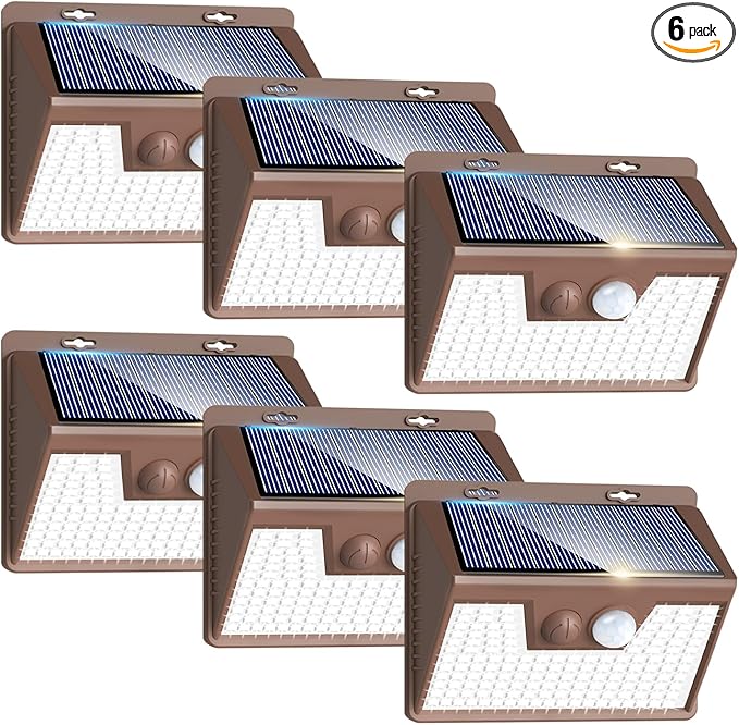 Peasur Solar Lights Outdoor Motion Sensor [6 Pack/140LED/Brown], Ultra-Bright 3 Mode Fence Security Light Waterproof, Solar Wall Lighting for Patio Yard Step House Outside-VerdiqueGarden