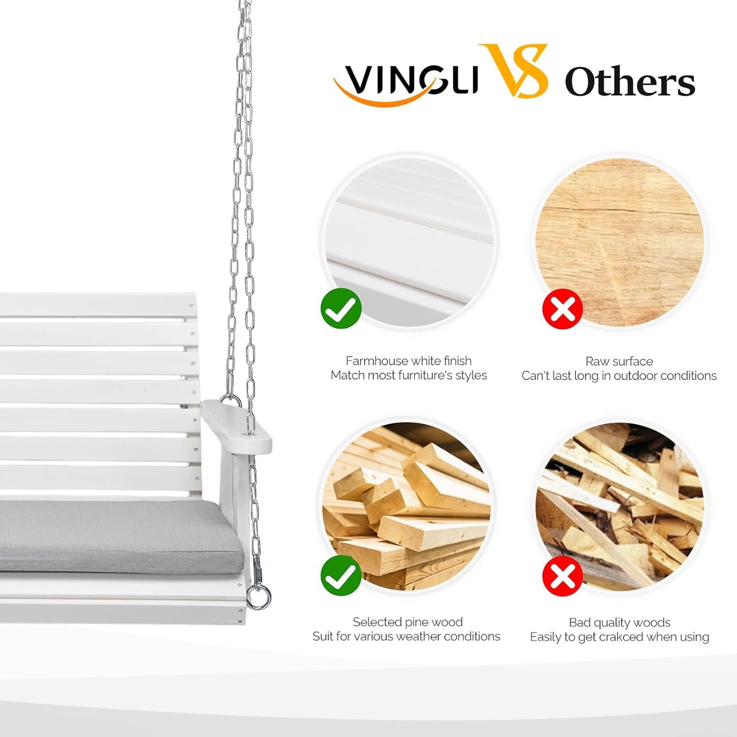 VINGLI Heavy Duty 880 LBS Patio Wooden Porch Swing Outdoor with Extra Cushion, Farmhouse Hanging Bench Tree Swing with Adjustable Chains for Yard | Garden | Lawn | Balcony (5 FT, White)-VerdiqueGarden