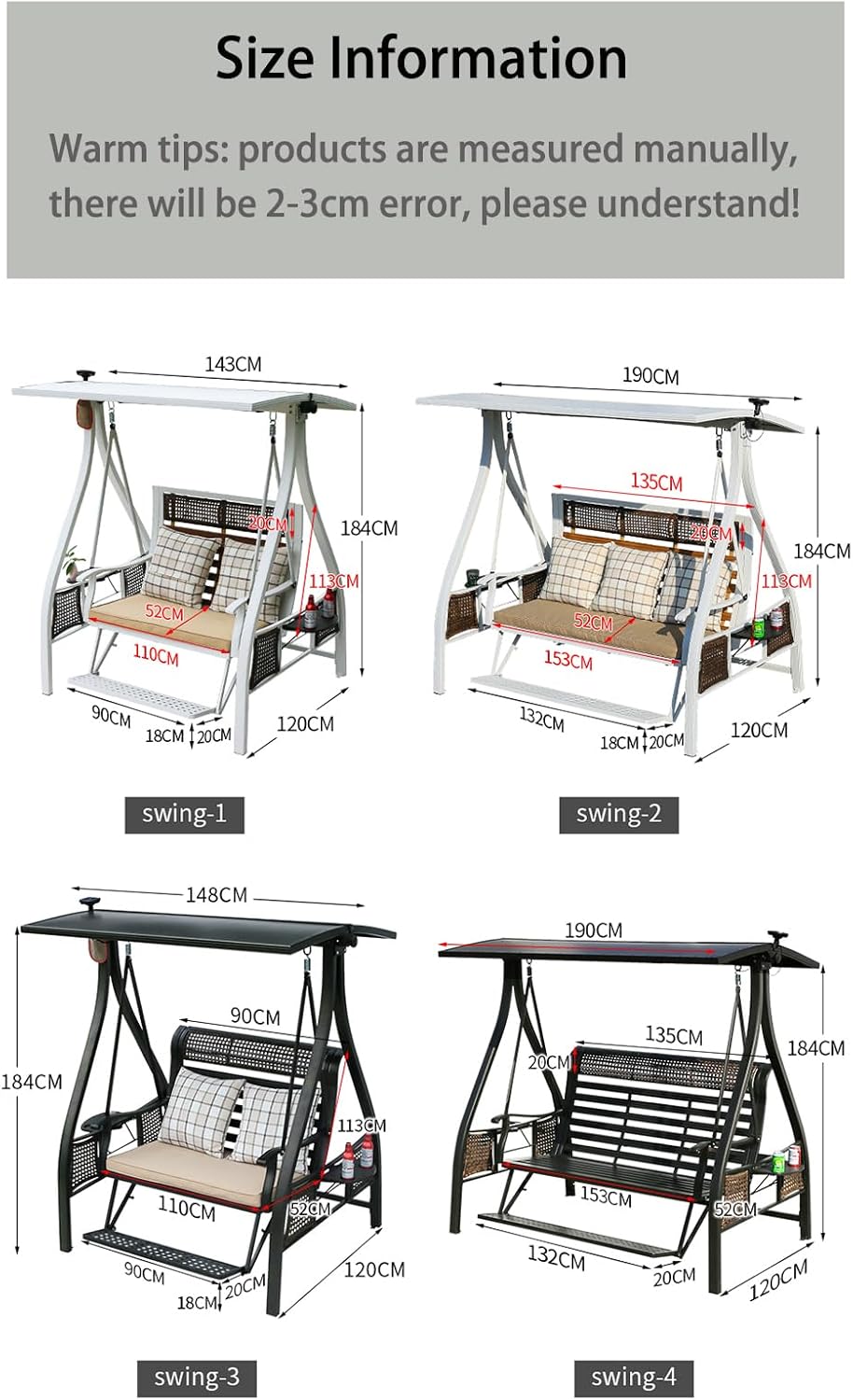 2/3-Seat Outdoor Patio Porch Swing with Adjustable Aluminum Alloy Canopy Solar Patio Swing Chair Bench with Footrest Side Cup Holder for Backyard Lawn (Himalaya-2 Seat)-VerdiqueGarden