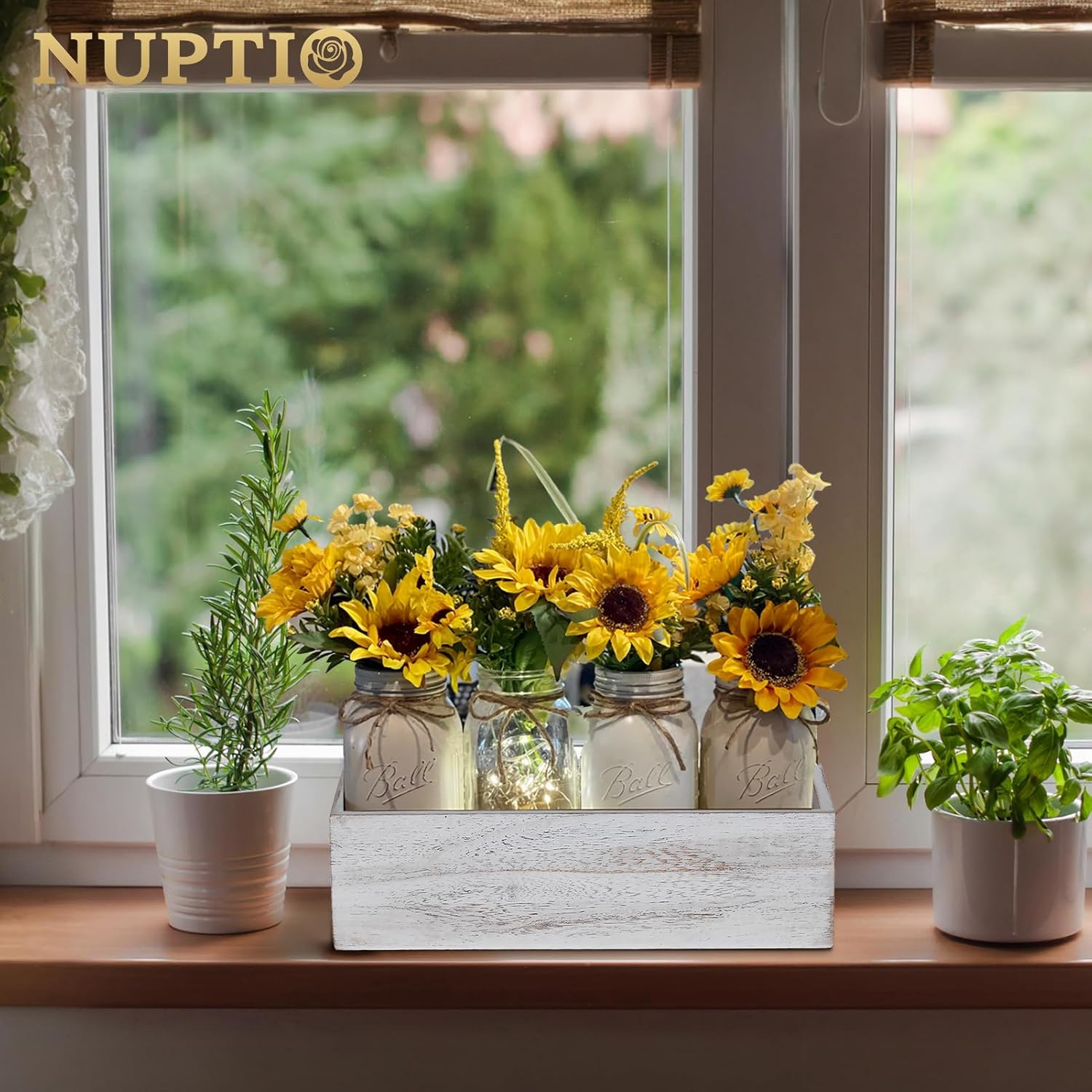 NUPTIO Flower Box Rectangle Centerpieces: 6 Pcs 11.8" Long Wood Vase Boxes Small Rustic Washed White Centerpiece Box for Wedding Tables Fall Decor-VerdiqueGarden