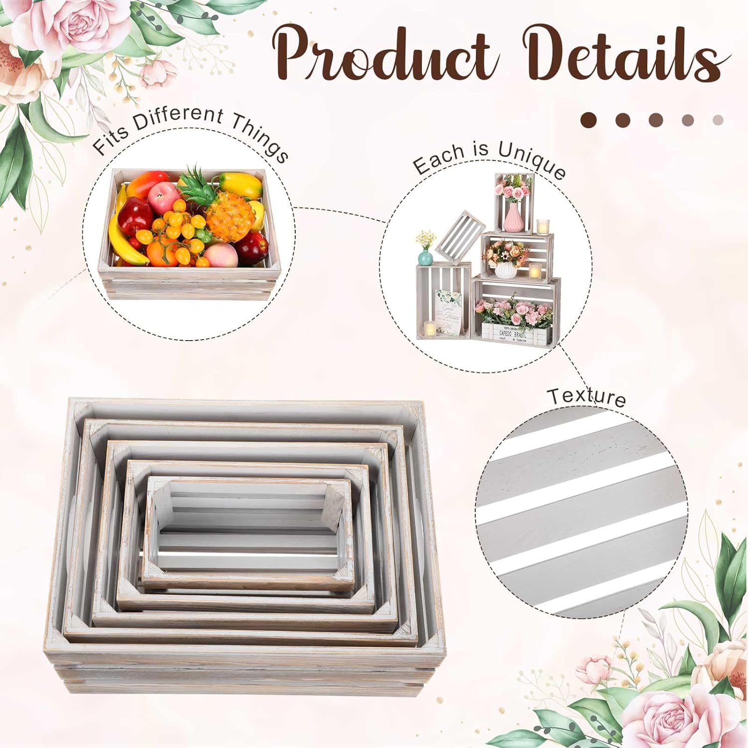 Soaoo 5 Pcs Decorative Nesting Wooden Crates for Storage Display 5 Size Large Small Rustic Wood Decorative Storage Crates with Handle Farmhouse Crate Box Container Made from Pine(Vintage Gray)-VerdiqueGarden