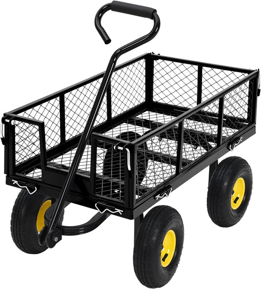 Heavy Duty Steel Garden Cart, 550LBS Pullable Metal Garden Wagon with 10" Wheels, 180° Rotating Handle and Removable Sides for Outdoor, Farm, Yard, Beach ﻿-VerdiqueGarden