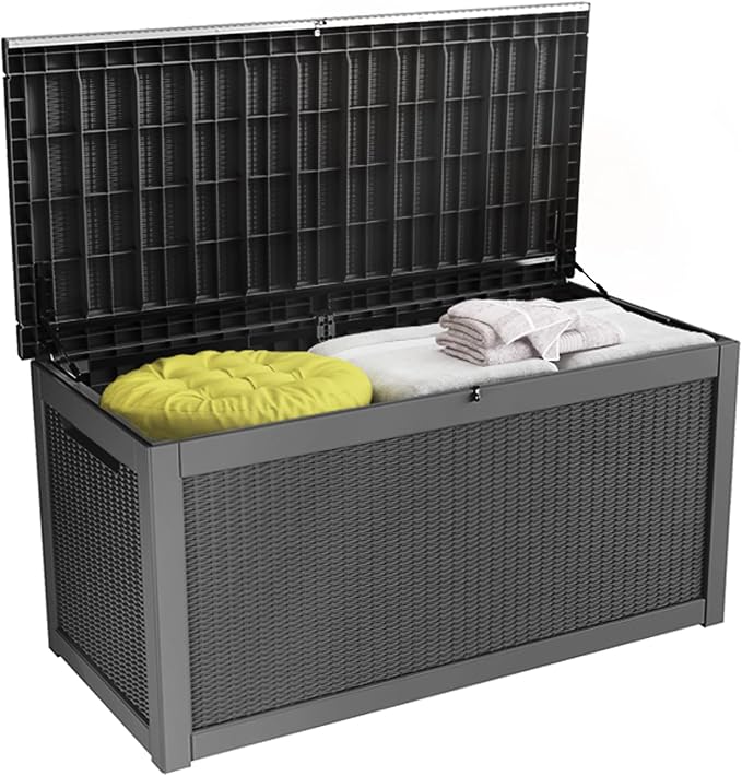 100 Gallon Resin Deck Box, Waterproof Outdoor Storage Bin for Patio Furniture, Pool Accessories, and Garden Tools, Lockable & UV-Resistant, Black-VerdiqueGarden