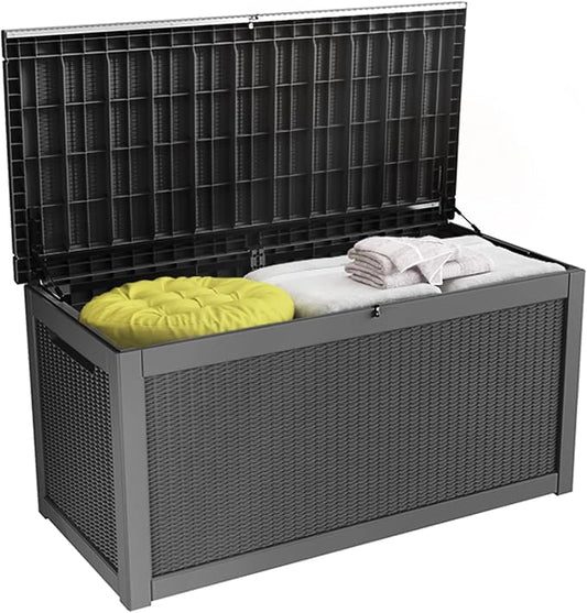 100 Gallon Resin Deck Box, Waterproof Outdoor Storage Bin for Patio Furniture, Pool Accessories, and Garden Tools, Lockable & UV-Resistant, Black-VerdiqueGarden