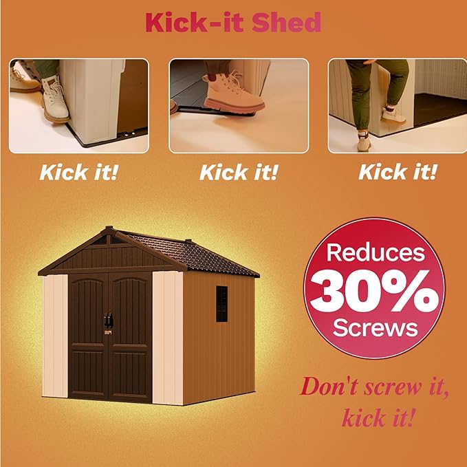 Patiowell 8 x 8 FT Plastic Outdoor Storage Shed with Floor, Resin Shed with Window and Lockable Door for Garden, Backyard, Tool Storage Use, Easy to Install in Beige (Kick-it Shed)-VerdiqueGarden