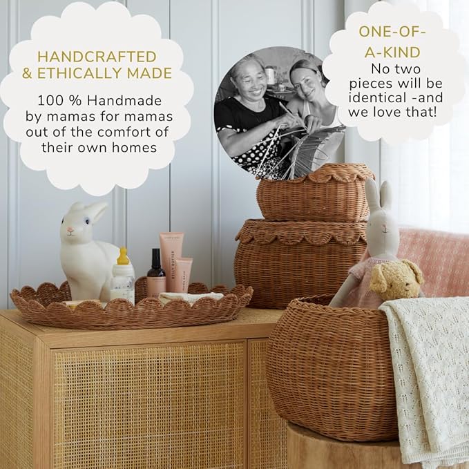 BEBE BASK Large Scalloped Basket Set Of 3 - Hand-Woven & Award-Winning Scallop Basket - XL - Extra Large for Blankets 22 x 16 x 10 In - Elegant Wicker With Scalloped Edge Lid (Mocca)-VerdiqueGarden