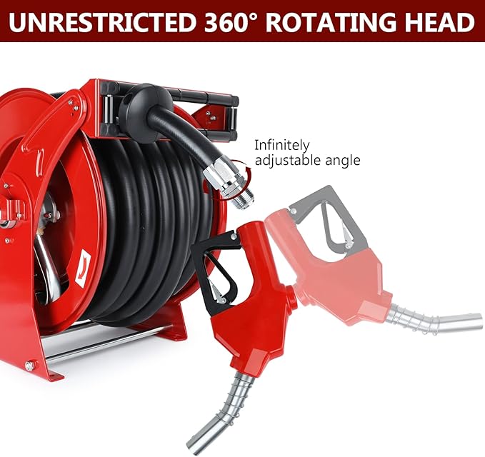 Fuel Hose Reel with Fueling Nozzle, 1" x 50FT Retractable Diesel Hose Reel, 300 PSI Industrial Heavy Duty Auto Swivel Rewind Hose Holder Reels, for Vehicle Tank Truck Trailer Ship-VerdiqueGarden