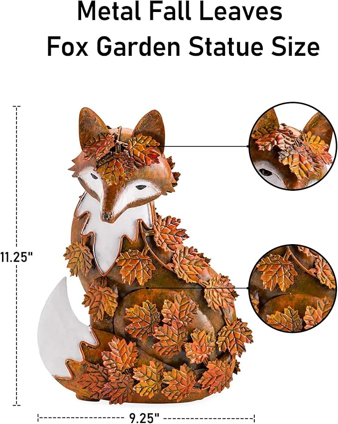 Elenon Outdoor Metal Fox Statue Art Decoration, Garden Handcrafted Standing Fox Ornament Decor with Fall Leaves, Mid Century Fox Figurine Decor for Patios, Lawns, Flower Bed-VerdiqueGarden